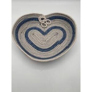 Handmade Coiled Rope Heart Basket Bowl Blue Denim Fabric Farmhouse Country Decor